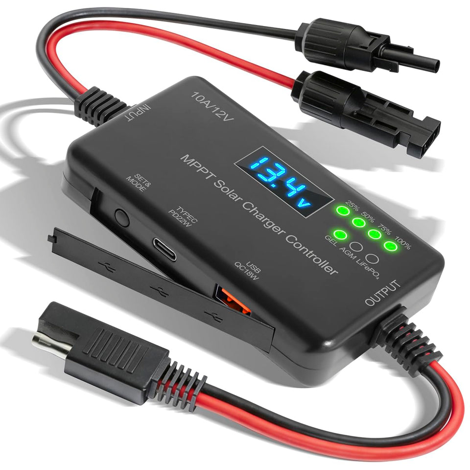 VUICCI solar charge controller front panel with LCD for real-time monitoring.
