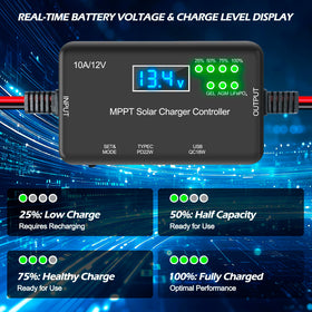 VUICCI universal 12V battery compatibility supports Gel, AGM, LiFePO4.