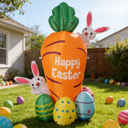VURPOKSI 6.5 ft inflatable carrot with two rabbits, ideal for festive outdoor Easter decor