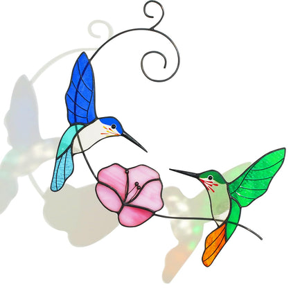 vusluna hummingbird stained-glass window hanging glows in sunlight