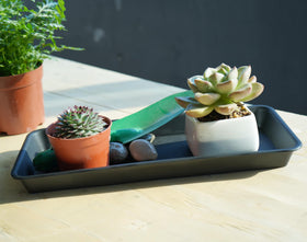 VUWEZ rectangular plant saucer in black blends with décor.