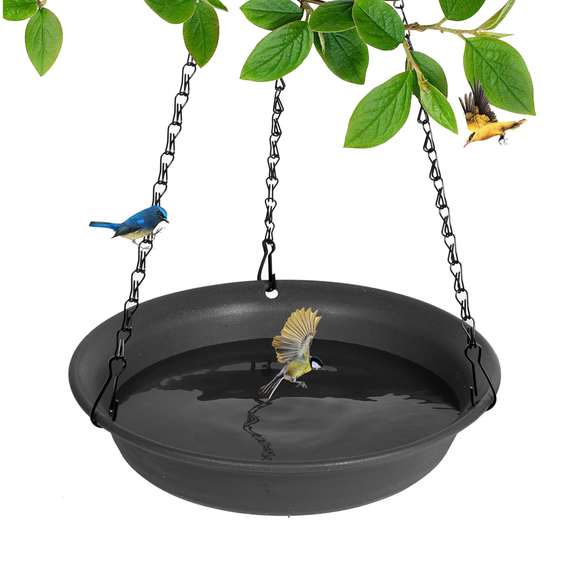 VUWEZ hanging bird bath with 10-inch tray for outdoor water and bath.