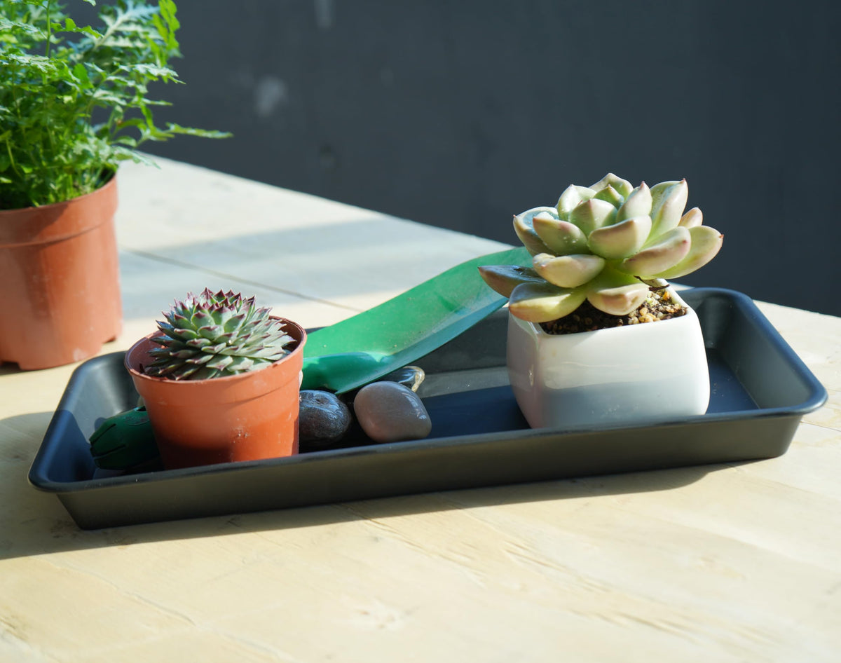 Outdoor-ready brown VUWEZ rectangular saucer supporting patio planters.