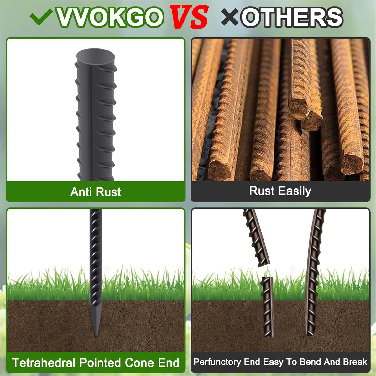VVOKGO durable steel stake 3/8-inch diameter for rocky soils.