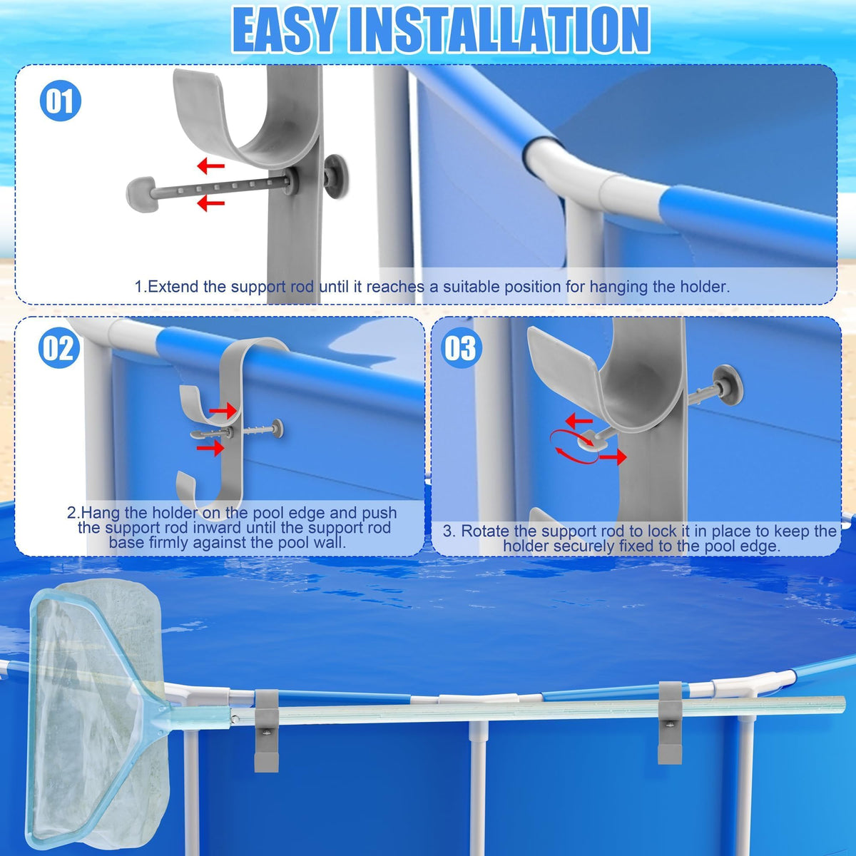 VWAERR pool tool storage holds brushes, hoses, towels neatly