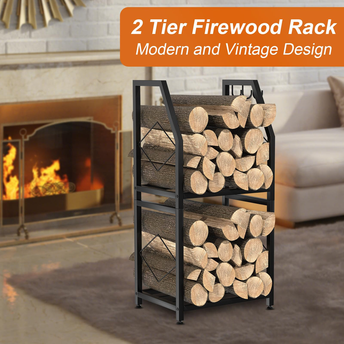 VyGrow firewood rack with hanging hooks for tools within reach.