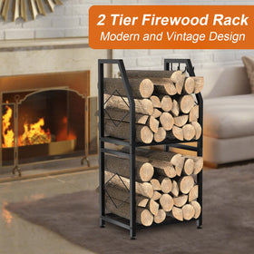 VyGrow firewood rack with hanging hooks for tools within reach.