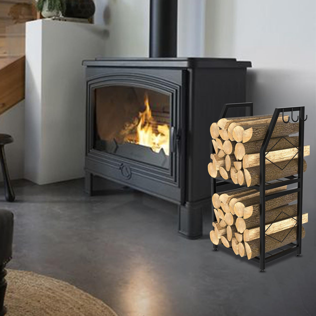 VyGrow firewood rack suited for indoor and outdoor patios.