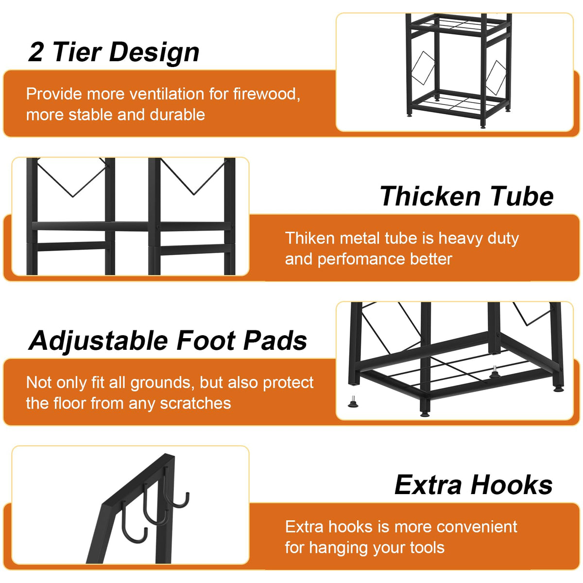 VyGrow firewood rack with rust-resistant finish holds up to outdoor use.