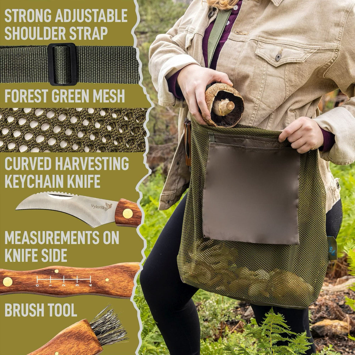VylerSky wearing the foraging bag for hands-free field use.