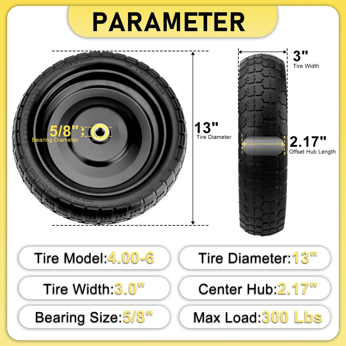 Vypart 13-inch Gorilla Cart tire tread detail showing puncture resistance.