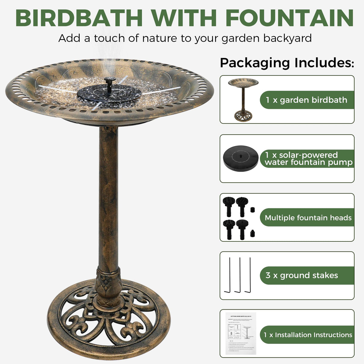 Vypart large-diameter 28-inch birdbath offers spacious bathing area.