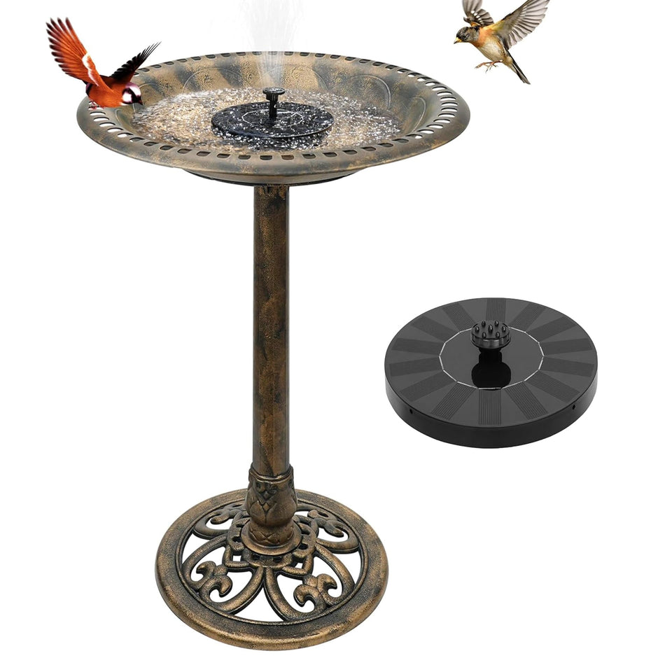 Vypart outdoor solar-pump birdbath attracting birds with fountain.