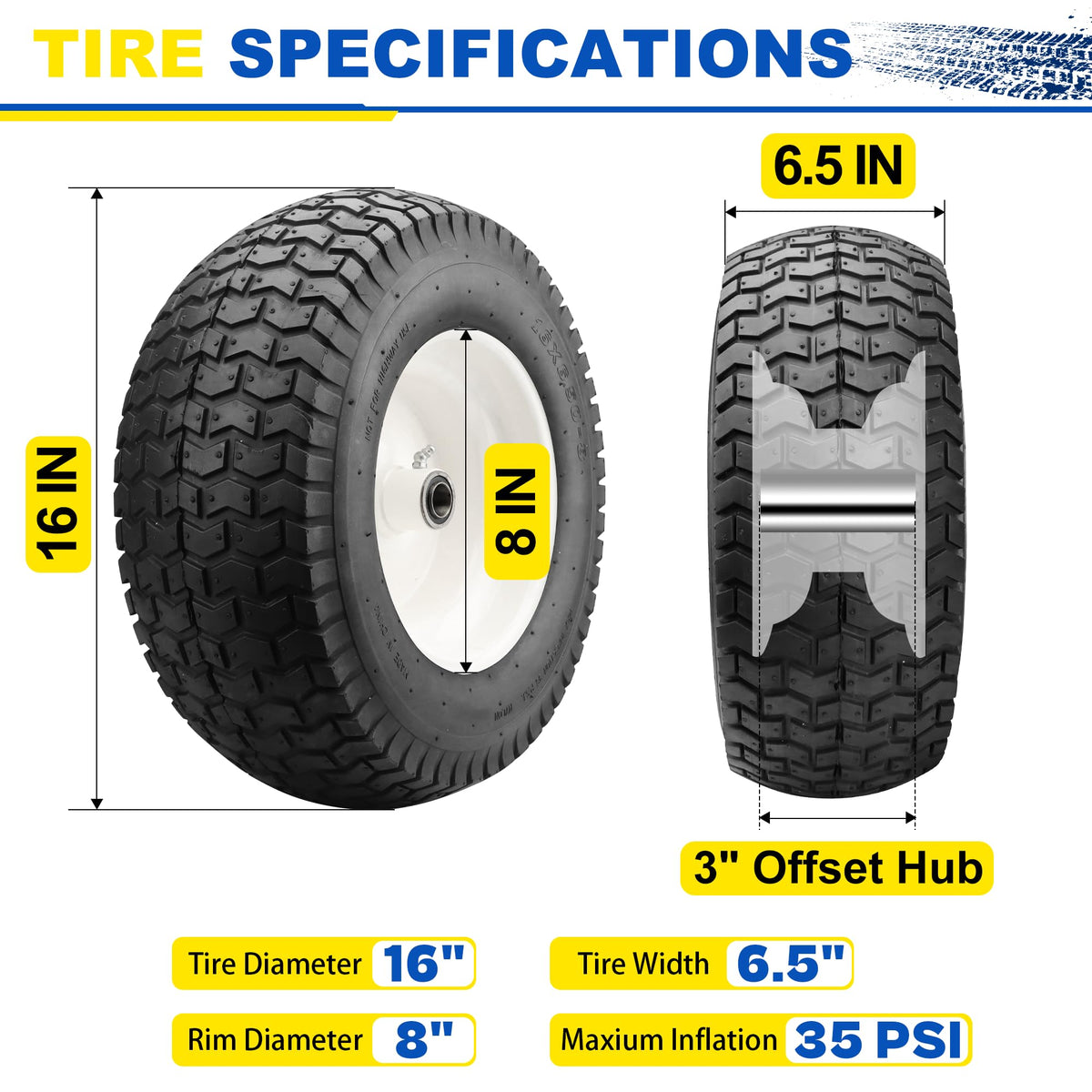 Vypart serrated tread 16x6.50-8 tire delivers strong traction on wet grass.