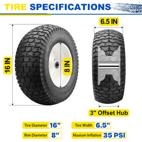 Vypart serrated tread 16x6.50-8 tire delivers strong traction on wet grass.