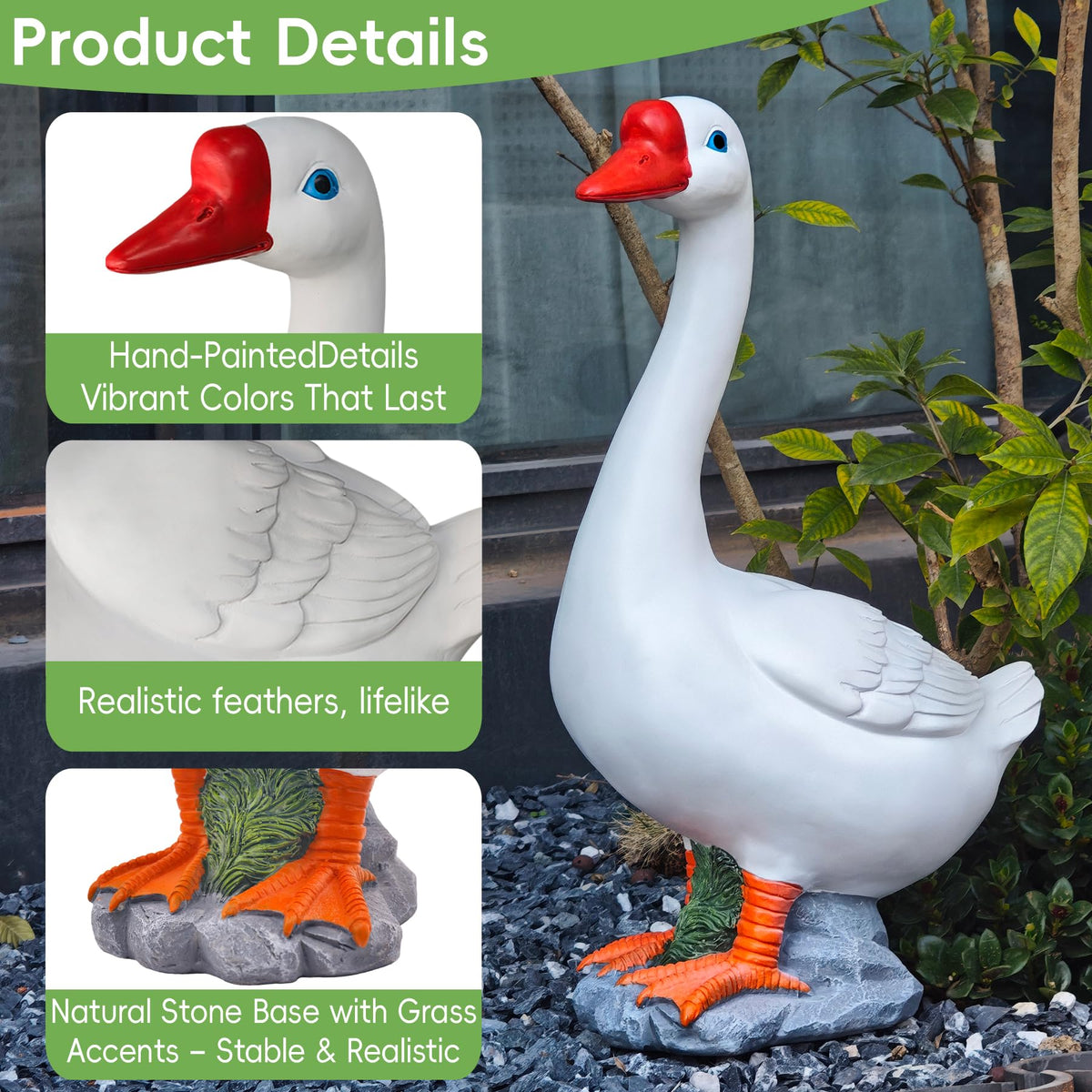 VYRALACH goose figurine blue glass eyes adds lifelike charm to gardens.