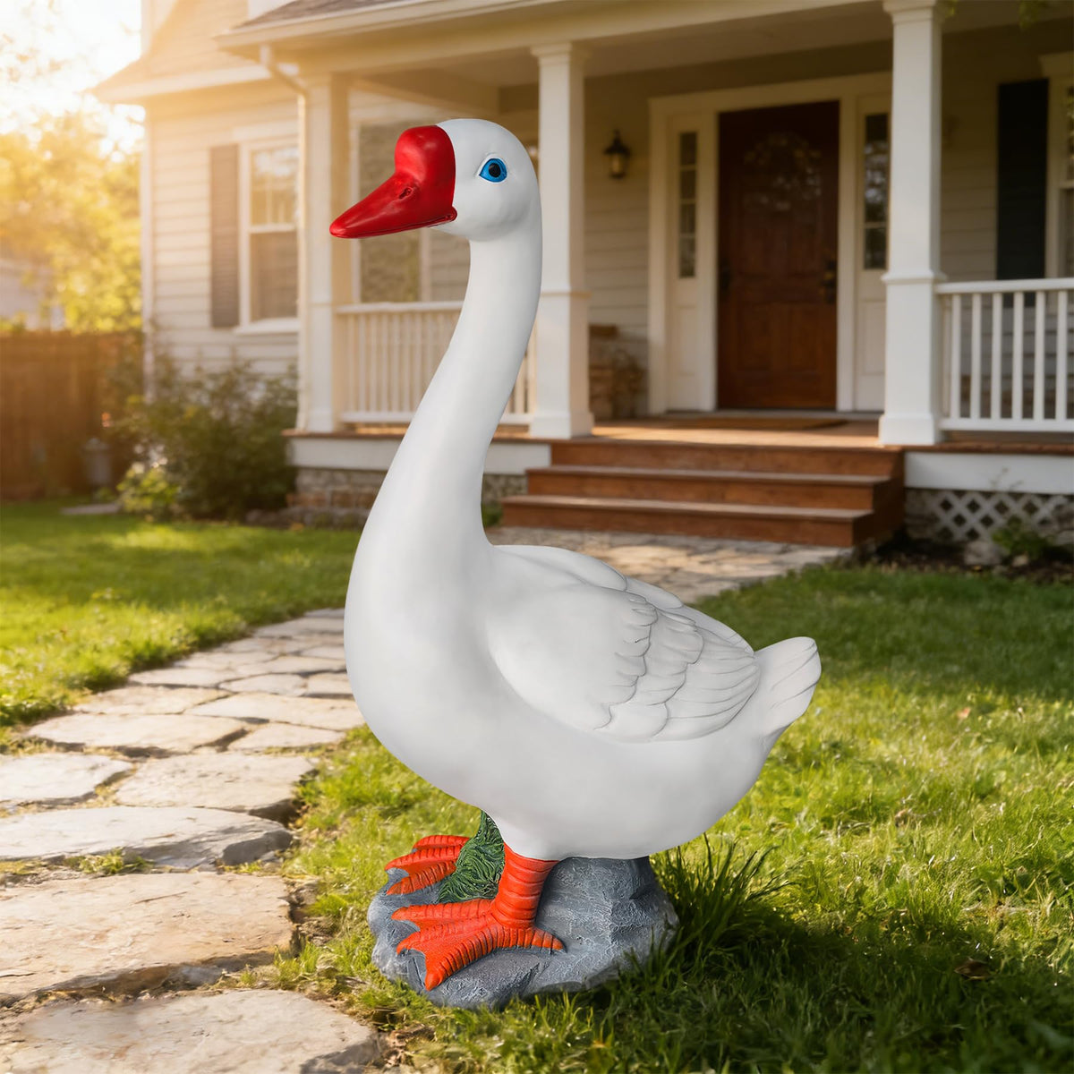 VYRALACH porch goose statue with blue glass eyes enhances curb appeal in outdoor spaces.