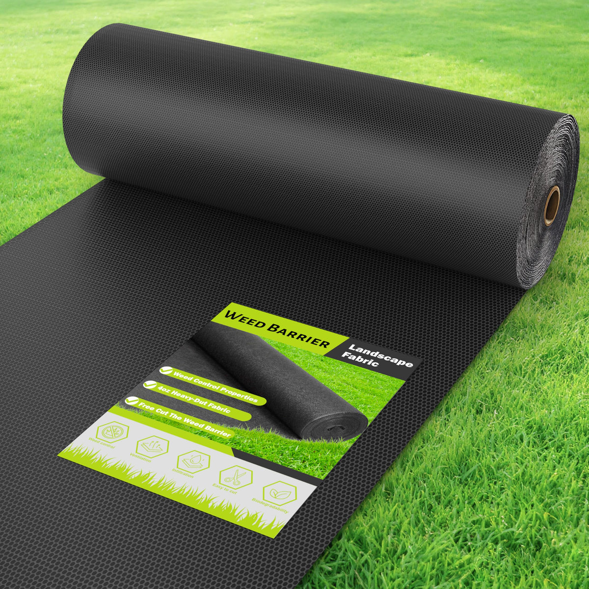 VZNEK 4oz weed barrier fabric roll for landscaping and weed suppression.