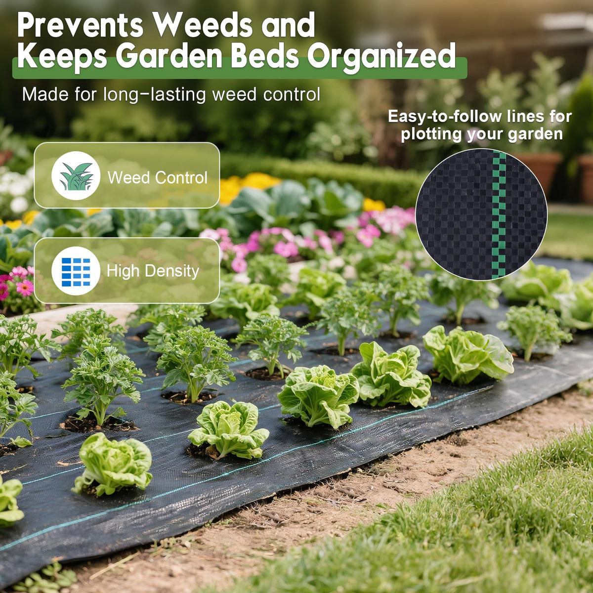 VZNEK weed barrier blocks sunlight to deter weeds in landscape beds.