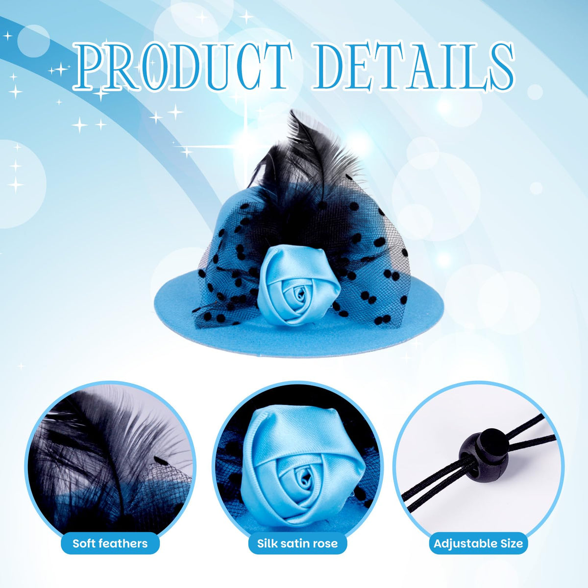 Vzuito blue feathered hat adds height and style to outdoor displays.