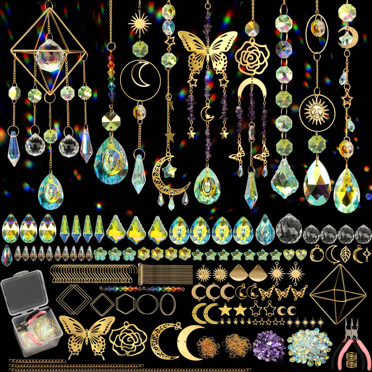 VZZNN 800pcs suncatcher kit crystal prisms casting vibrant rainbows on windows.
