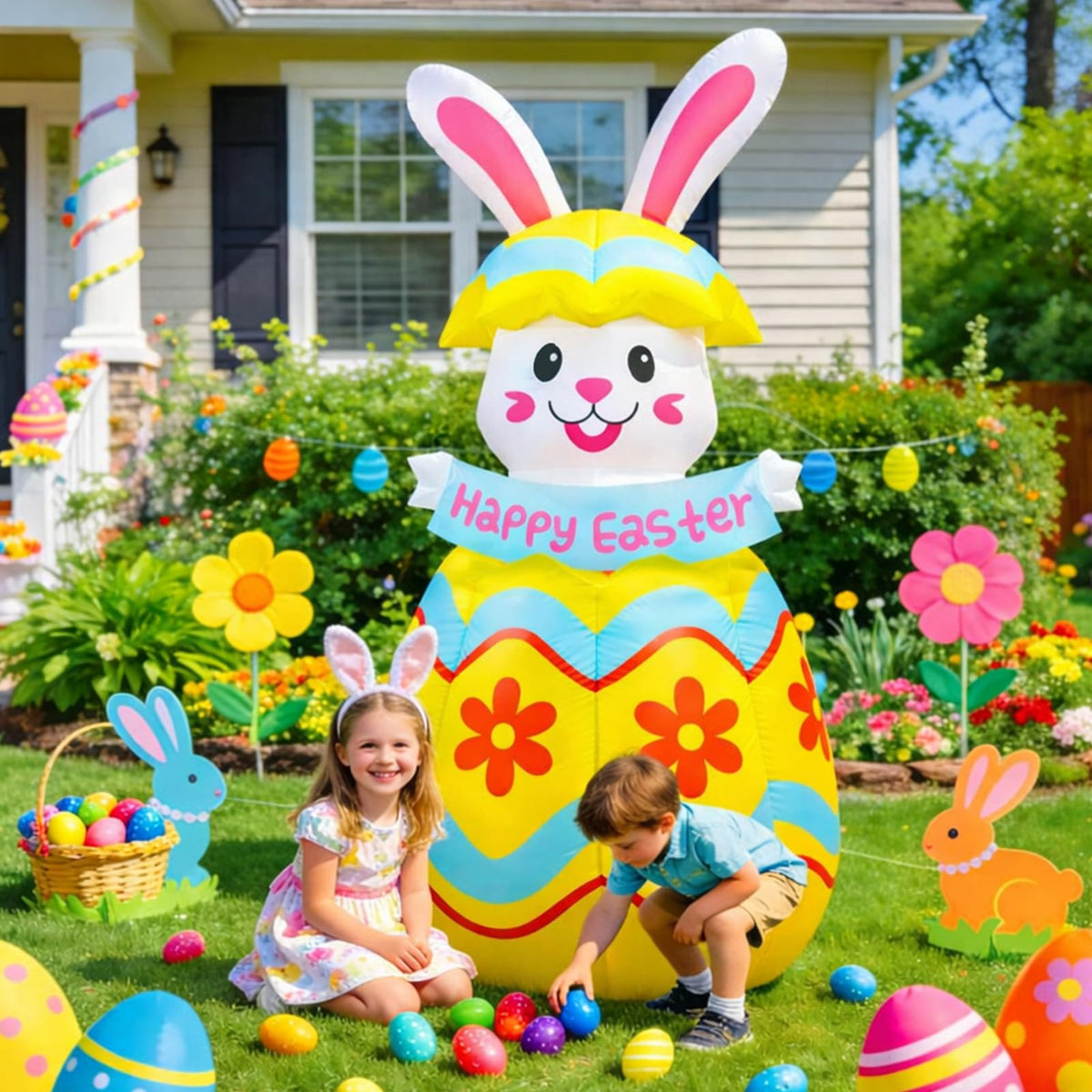 Wabolay bunny holding banner inflates automatically to welcome guests.