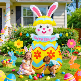 Wabolay bunny holding banner inflates automatically to welcome guests.