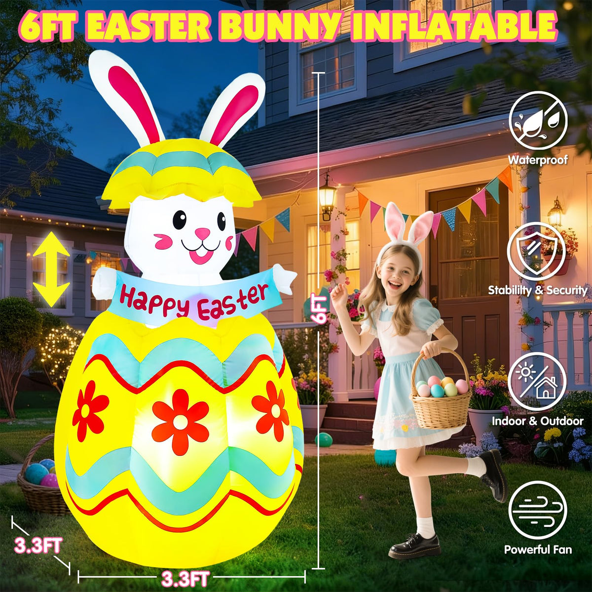 Wabolay 6ft Easter bunny LED lights illuminate outdoor scenes after dusk.