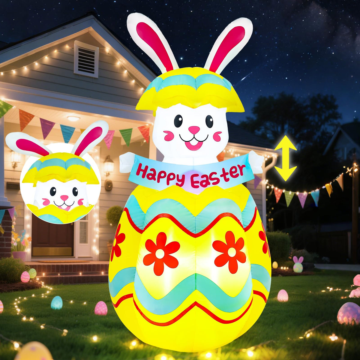 Wabolay 6ft Easter bunny pop-up lights up your yard for festive greetings.