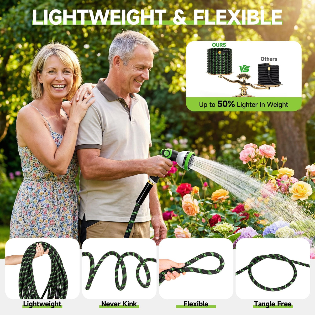 Wabolay 25ft kink-free hose keeps water flow smooth around corners.