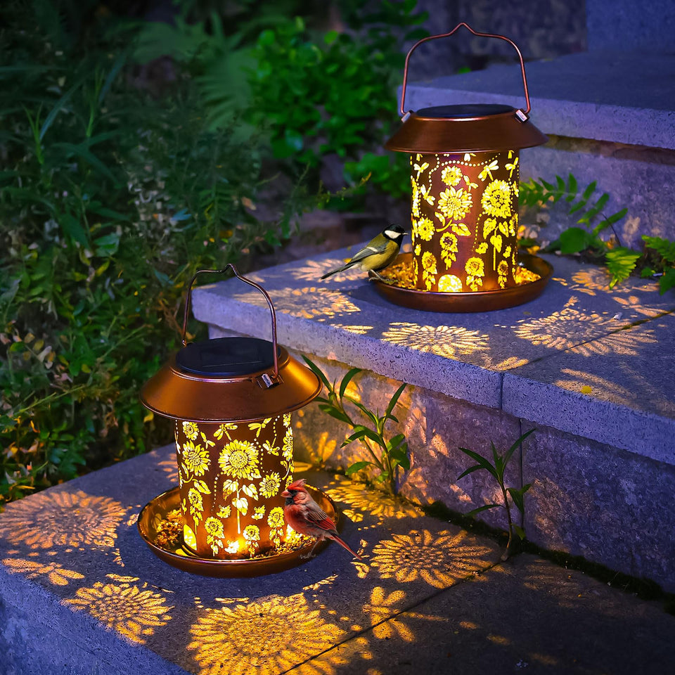 WACLSTDAY solar bird feeder with dragonfly lantern lights the garden at night