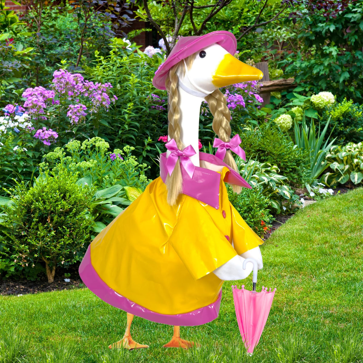 Waddli pink hat complements the goose costume for playful yard scenes