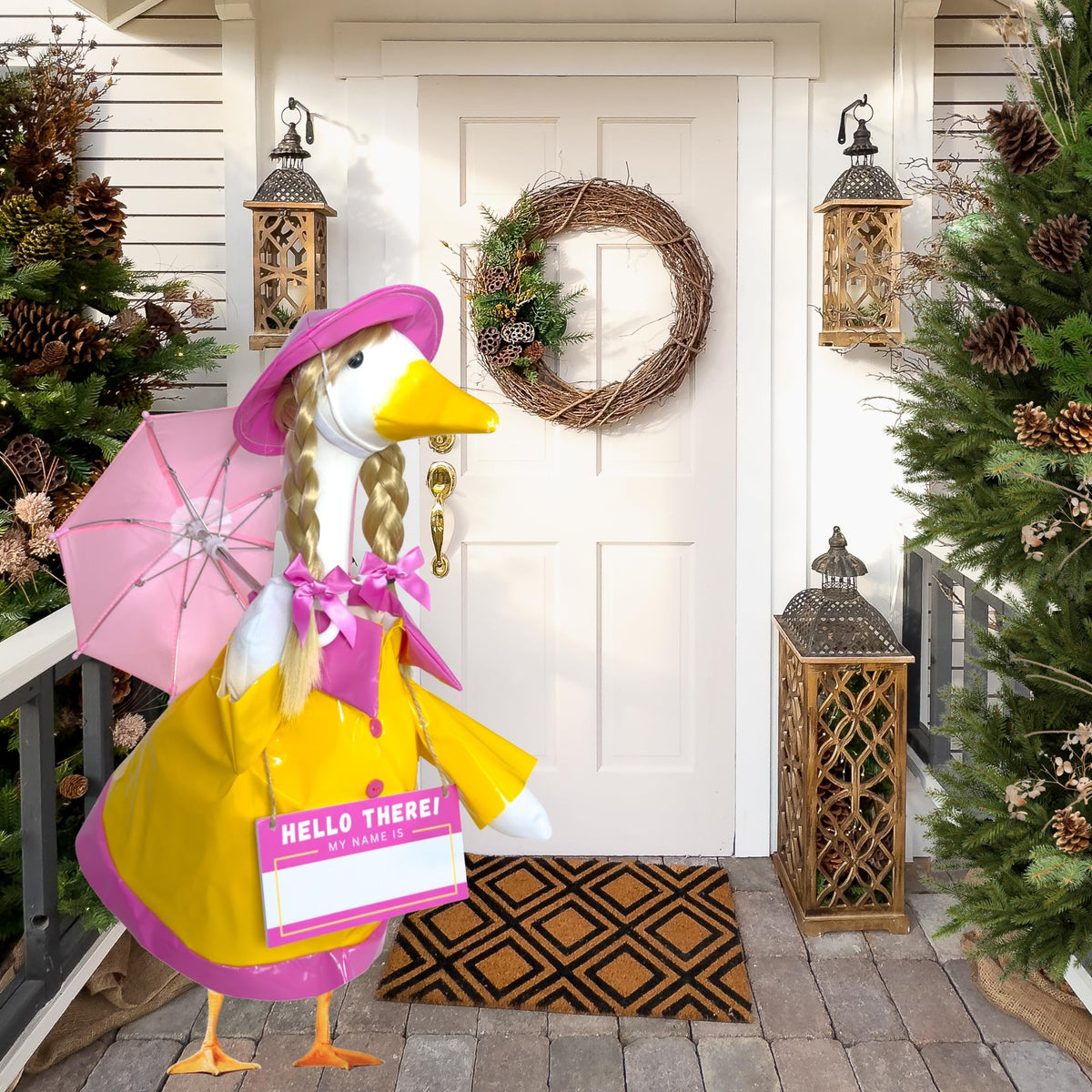 Waddli porch decor idea with pink goose costume on statue