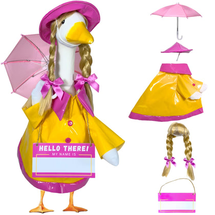 Waddli pink raincoat on a 23-inch goose statue enhances outdoor charm
