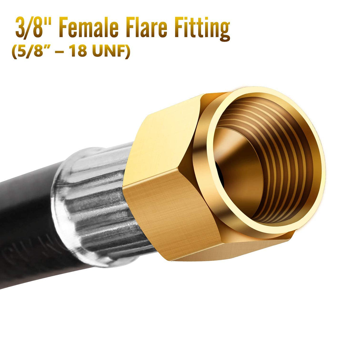 Close-up of WADEO 3/8 flare fittings on the extension hose for secure connections
