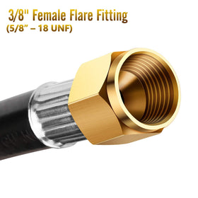 Close-up of WADEO 3/8 flare fittings on the extension hose for secure connections