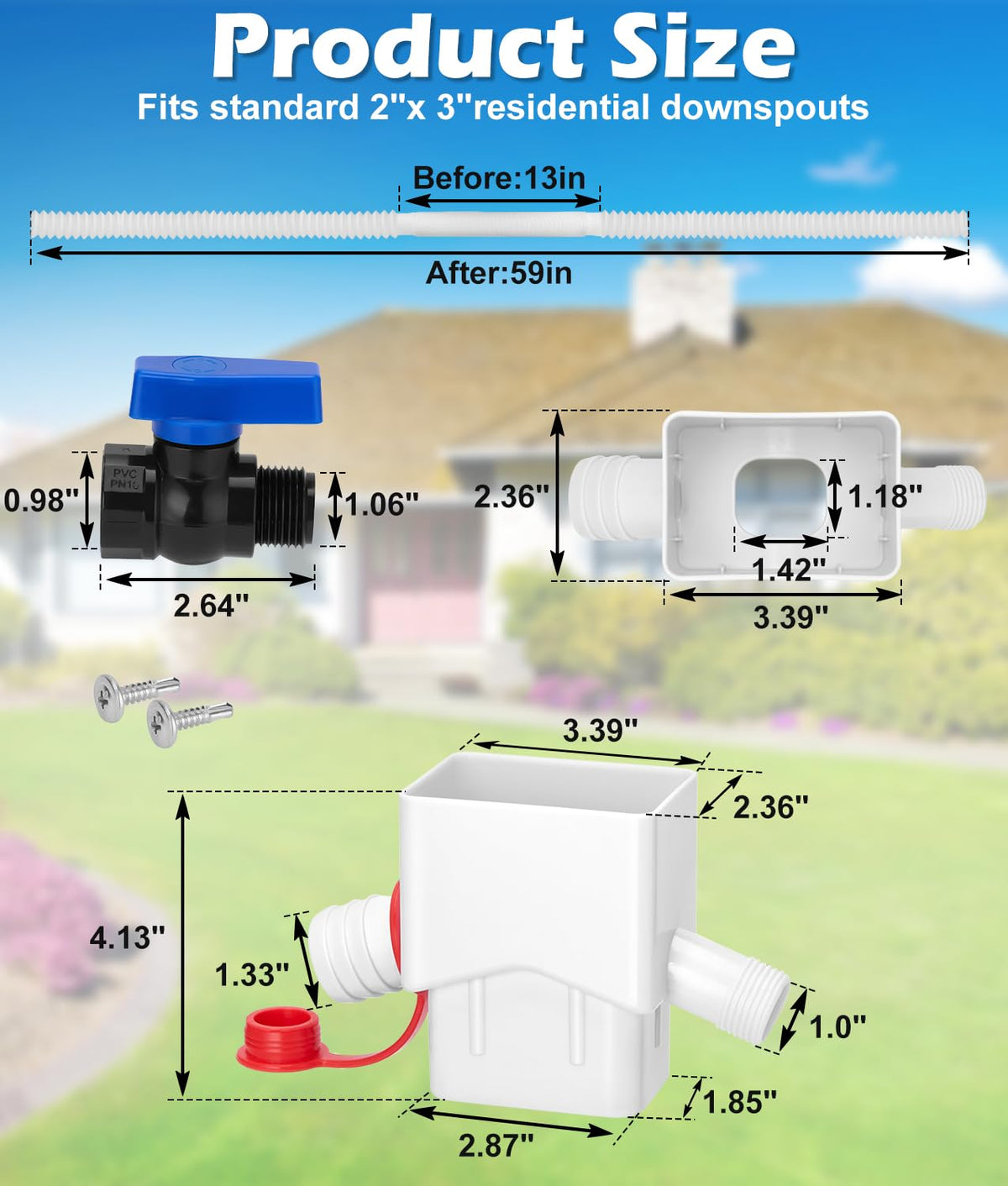 WADEO Downspout Diverter dual outlets diagram shows two hoses for expanded collection