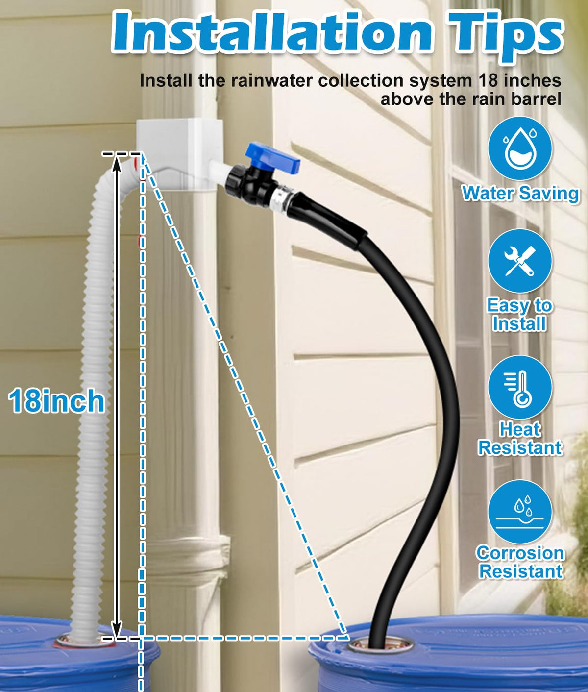 WADEO Downspout Diverter hose connection close-up enables dual-outlet rain capture