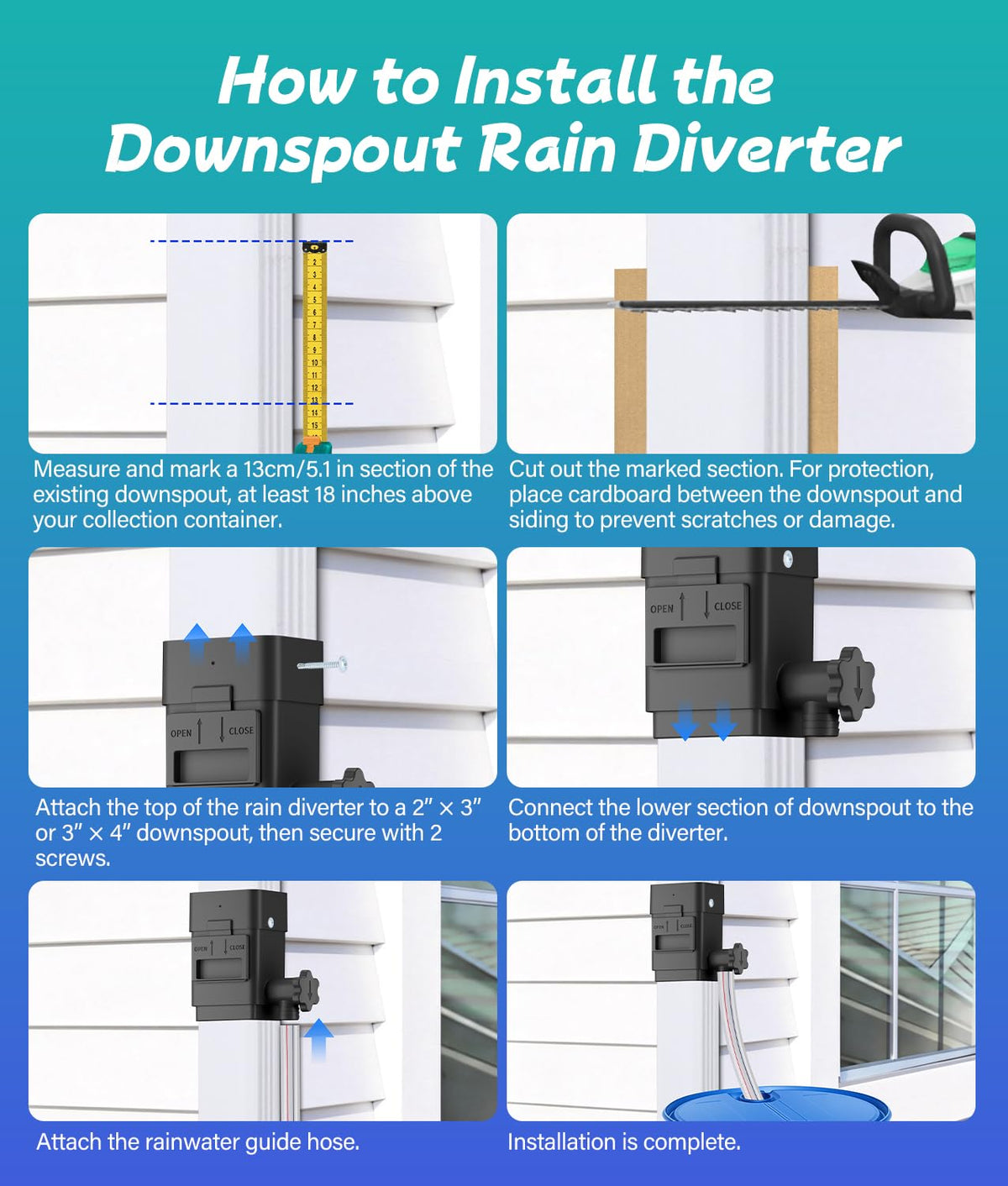 WADEO installation-guide-downspout depicts straightforward setup for homes and sheds.