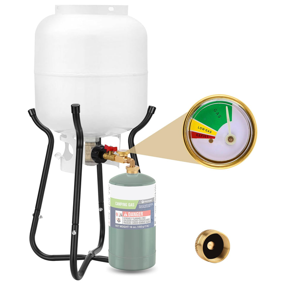 WADEO propane refill adapter 20lb to 1lb shown with clear transfer capability and design features
