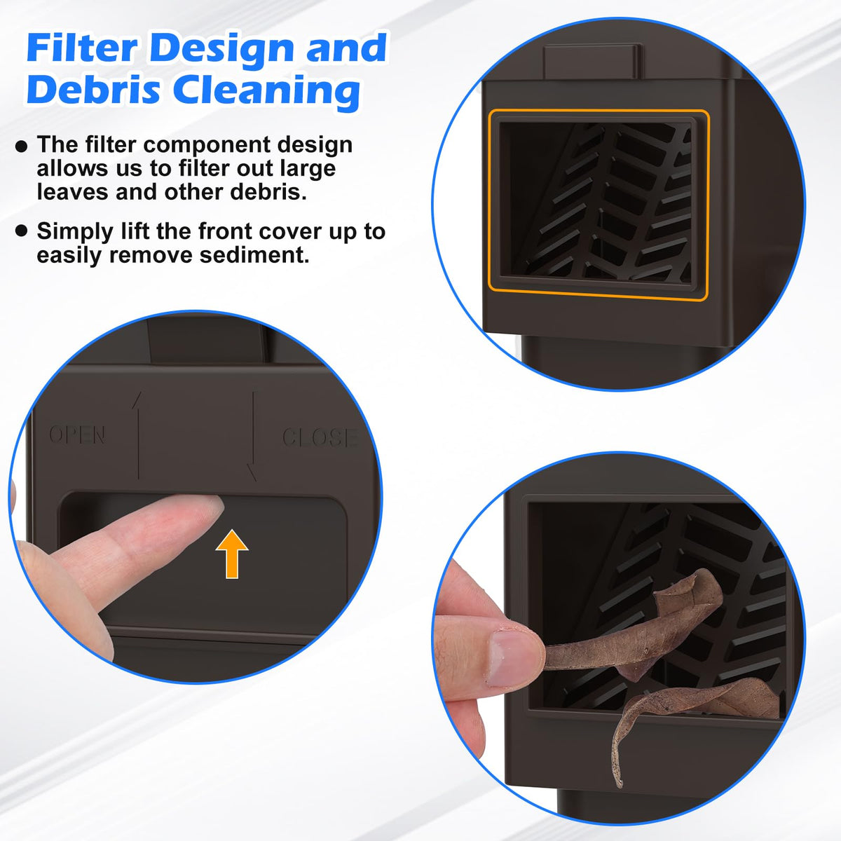 WADEO removable debris-filter panel keeps leaves and twigs out of the rain barrel.