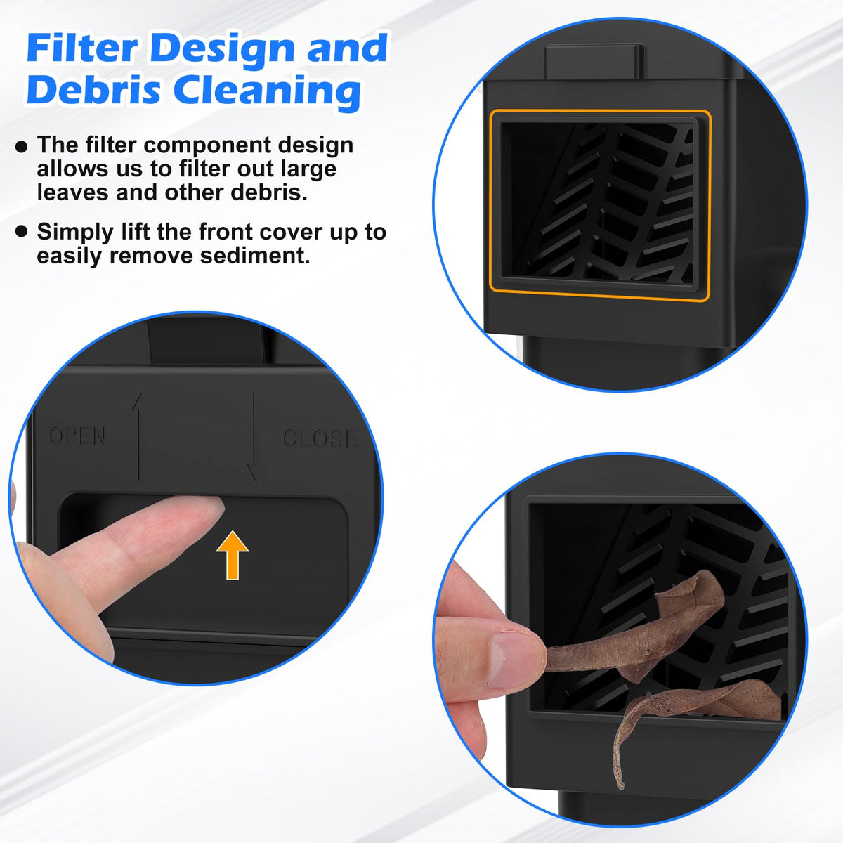 WADEO removable filter panel traps debris to prevent clogs