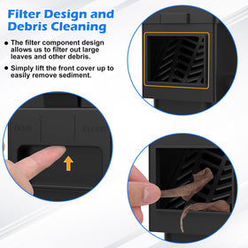 WADEO removable filter panel traps debris to prevent clogs