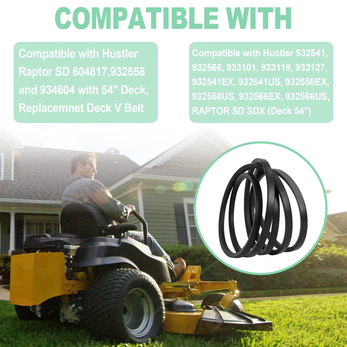 Wadoy 58in x 143-3/4in belt length shown for precise fit on compatible decks.