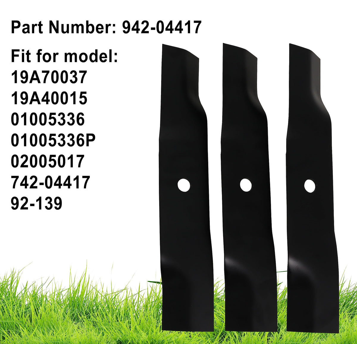 Three-pack blades ready for quick replacement during mowing.