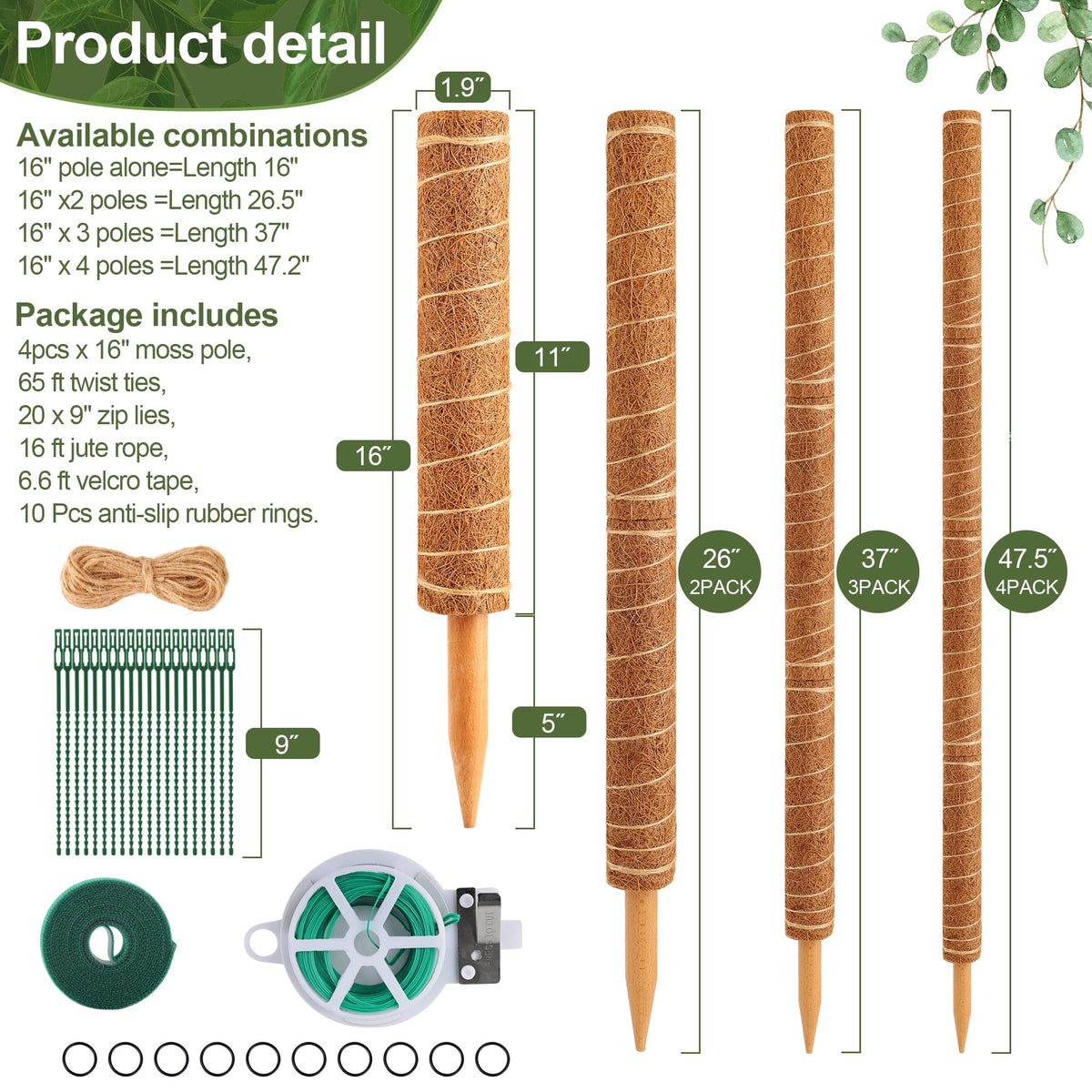 WAENLIR 16-inch moss poles pack highlights coconut coir texture for rooting