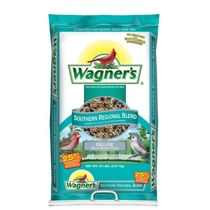 Wagner's Southern Regional Blend 20lb bag showing seed mix for backyard songbirds.