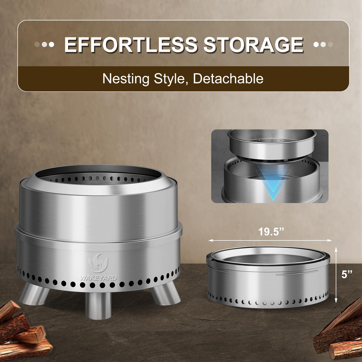 Wakeyard Smokeless Fire Pit stainless steel construction highlights durability and rust resistance.