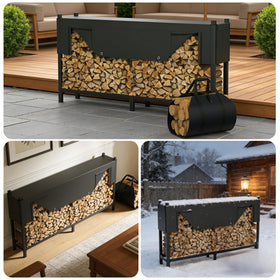 WALMANN firewood rack with waterproof cover protecting logs from rain and moisture.