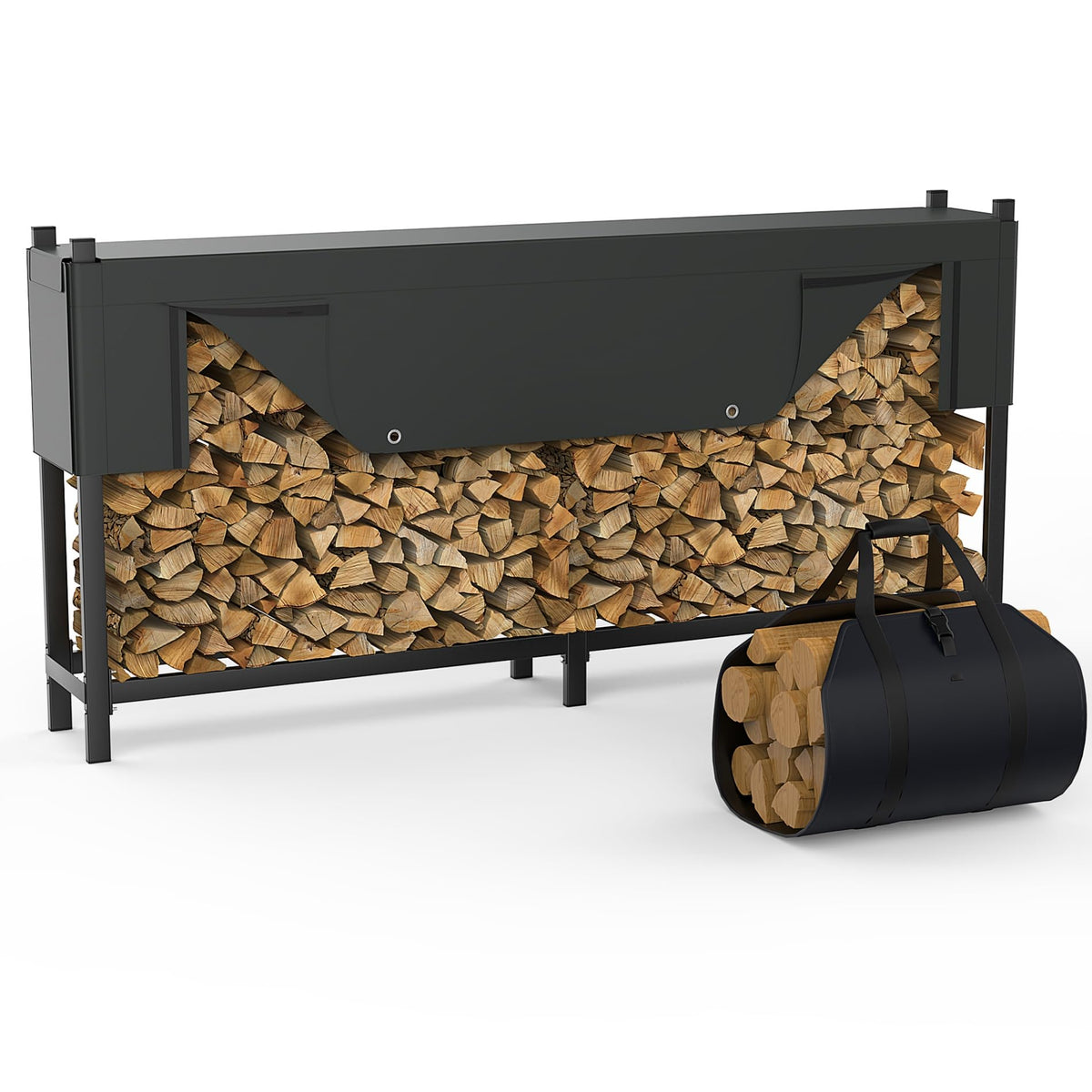 WALMANN heavy-duty 8ft firewood rack shows a sturdy steel frame for durable outdoor storage.
